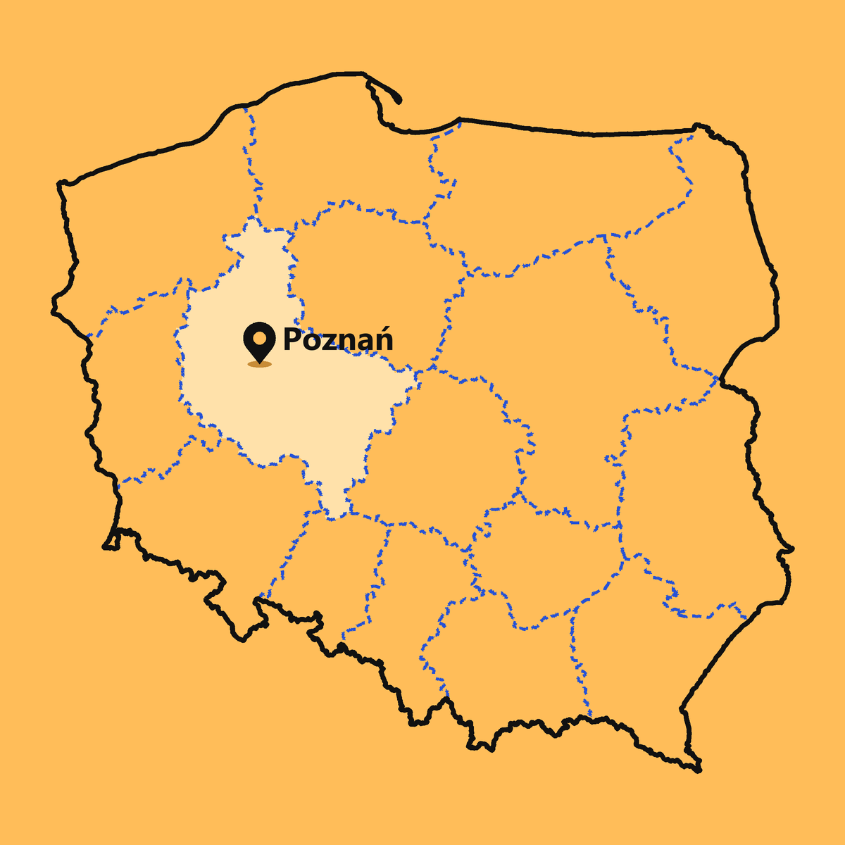 Mapa Polski z podziałem na województwa – Poznań, województwo wielkopolskie